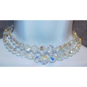 Vintage Aurora Borealis Crystal Beaded Double Strand Necklace